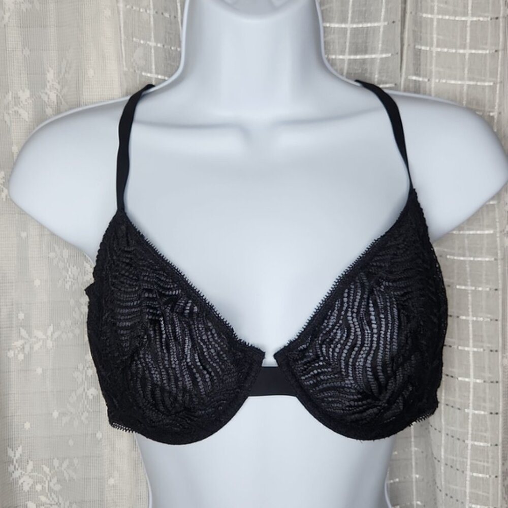 Victoria's Secret Black Animal Print Lace Unlined Demi Bra With Underwire Sz36D
